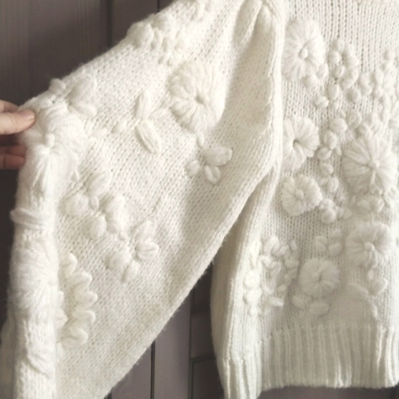 Zara Ecru Knit Pullover Balloon Sleeve Sweater - Picture 4 of 10